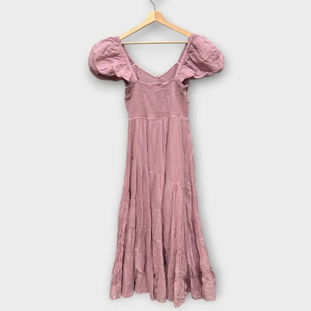 NEW FREE PEOPLE Sundrenched Smocked Puff Sleeve Maxi Dress Size Medium